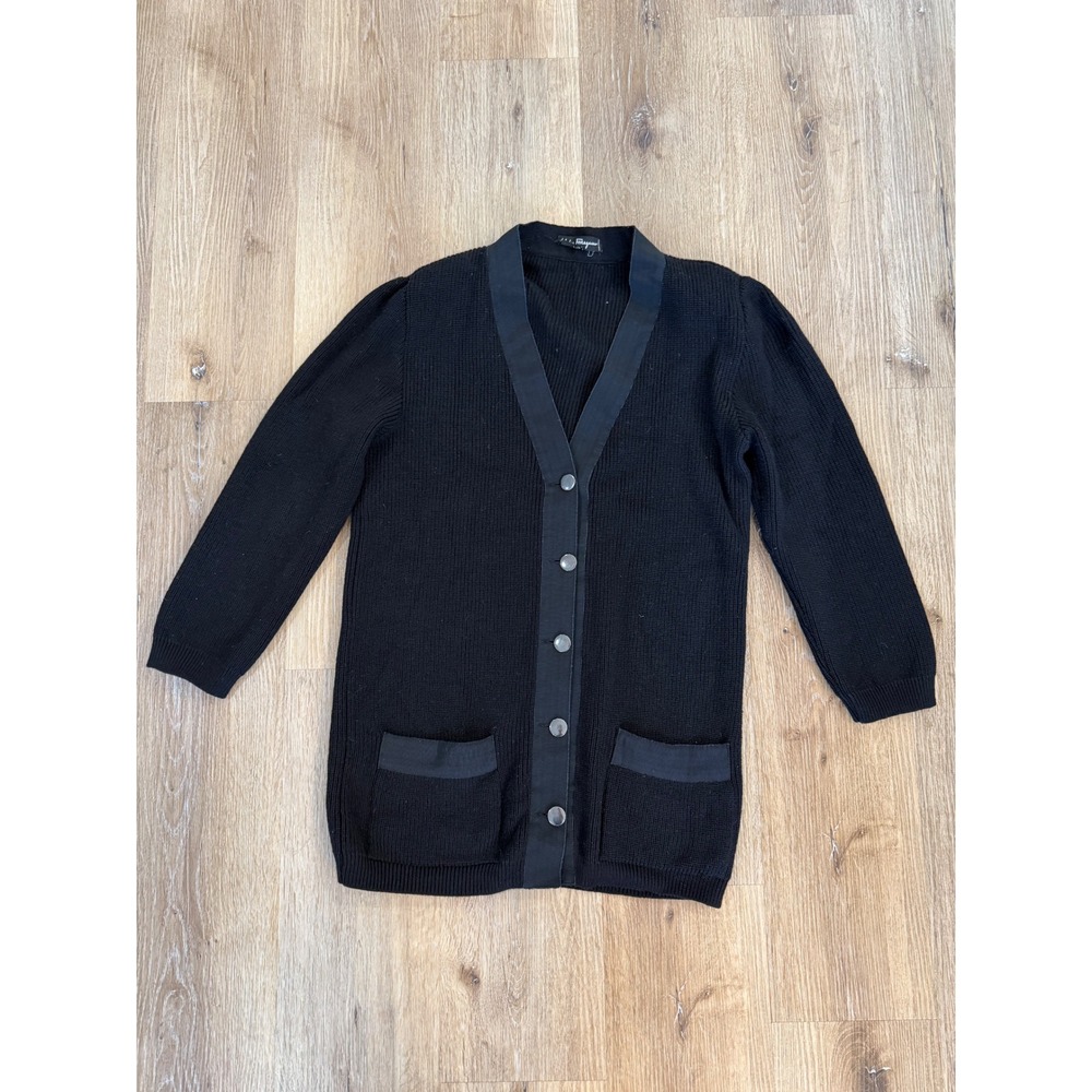 Salvatore Ferragamo Old Money Cardigan Wool L Black Grosgrain Trim Knit Italy